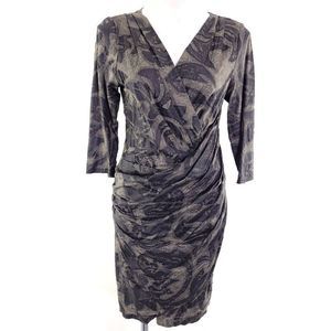 Elana Kattau Floral Print Long Sleeve Ruched Fitted Dress Brown Black NEW